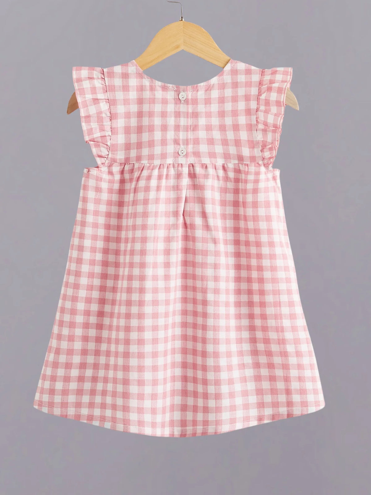 Vestido Liz - Xadrez Rosa com Bordado Floral e Mangas Voadoras