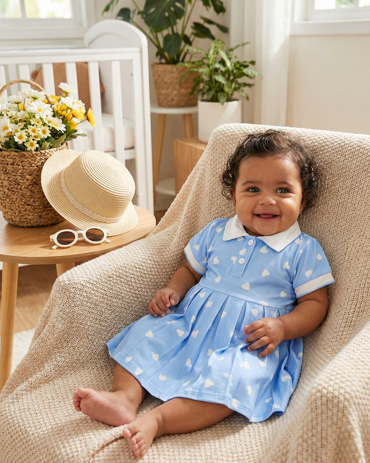 Vestido Blair - Gola Polo Azul Plissado com Coração Branco