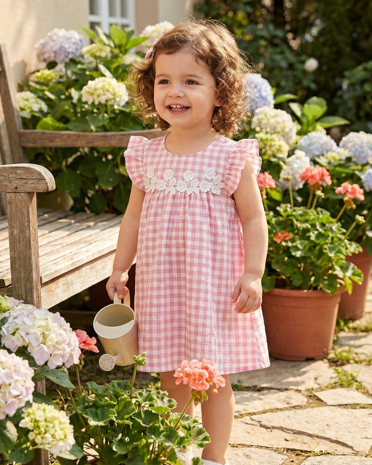 Vestido Liz - Xadrez Rosa com Bordado Floral e Mangas Voadoras