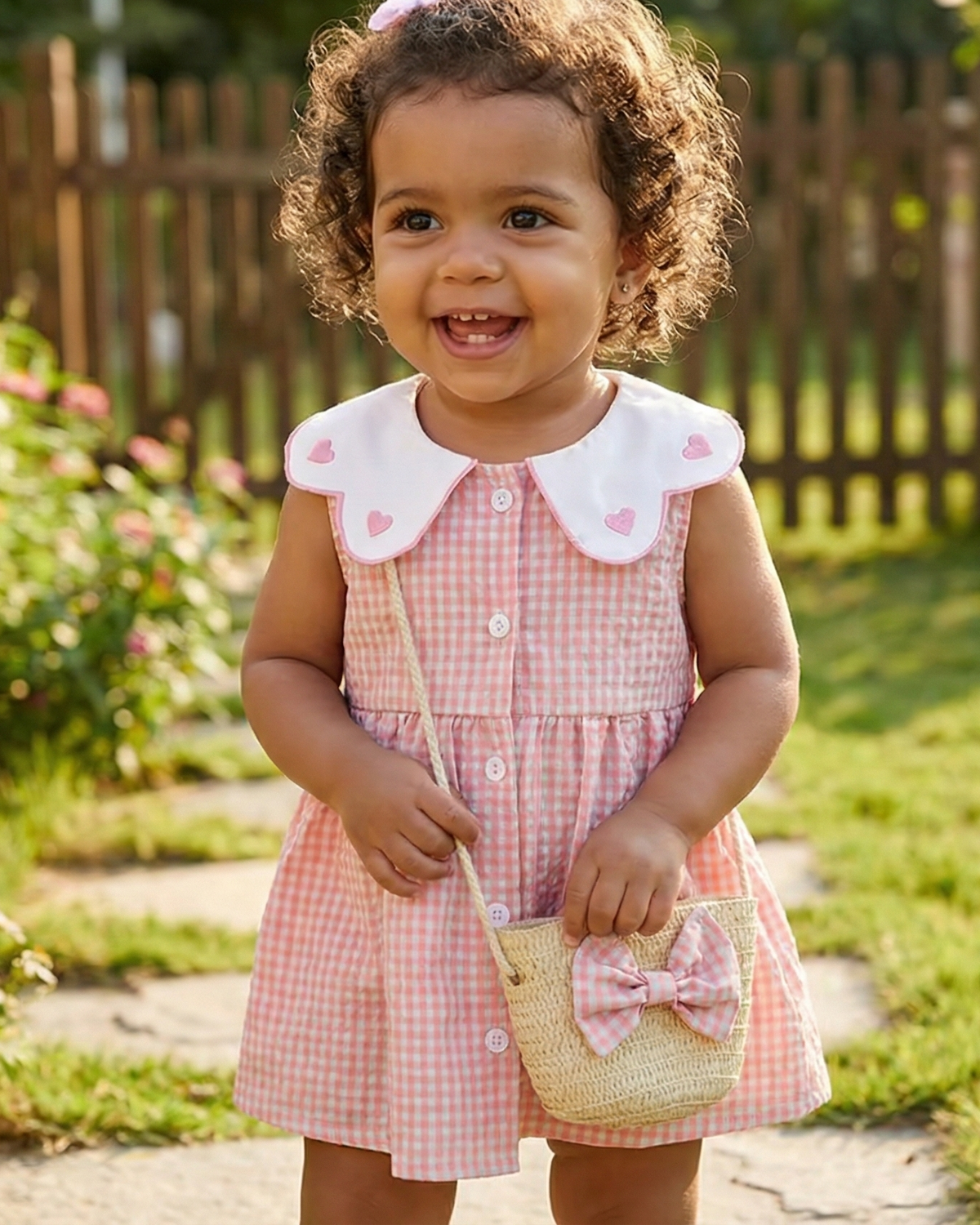 Vestido Mabel - Xadrez De Algodão Com Renda E Gola Coração