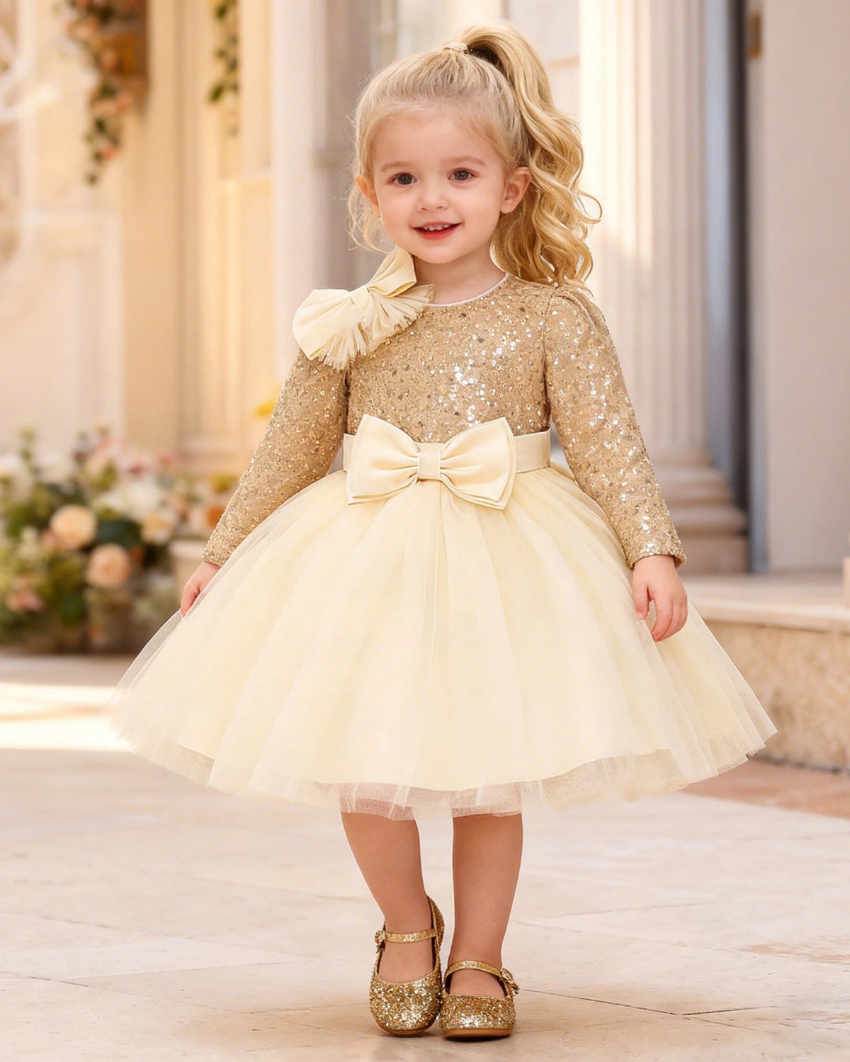 Vestido Beatrice - Corpete de Lantejoulas com Laço e Manga Longa