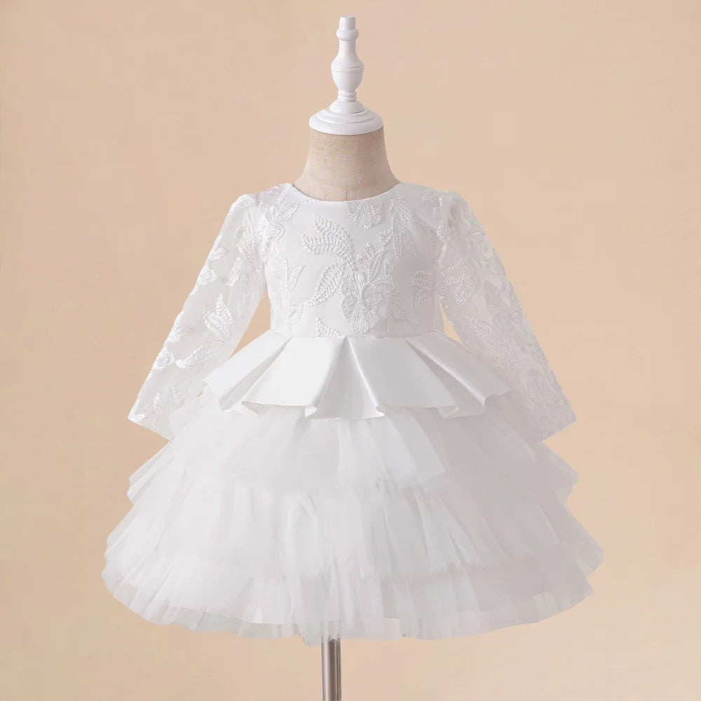 Vestido Clara - Luxo Manga Longa em Renda e Tule – Branco Clássico com Laço