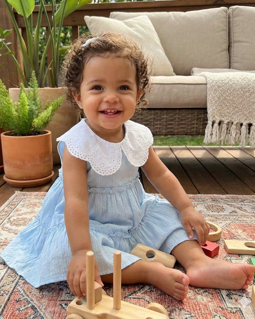 Vestido Celeste - Algodão Liso Cor Sólida Com Babados