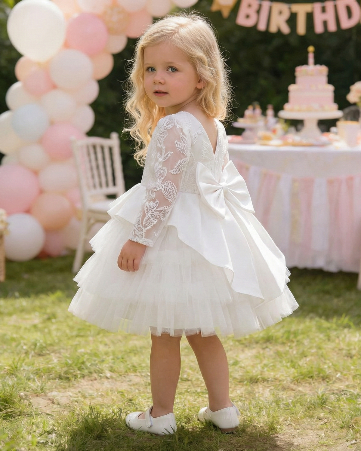 Vestido Clara - Luxo Manga Longa em Renda e Tule – Branco Clássico com Laço